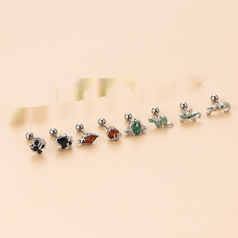 Colorful Zircon Gecko Snake-shaped Mini Animal Ear Bone Stud Piercing Earrings