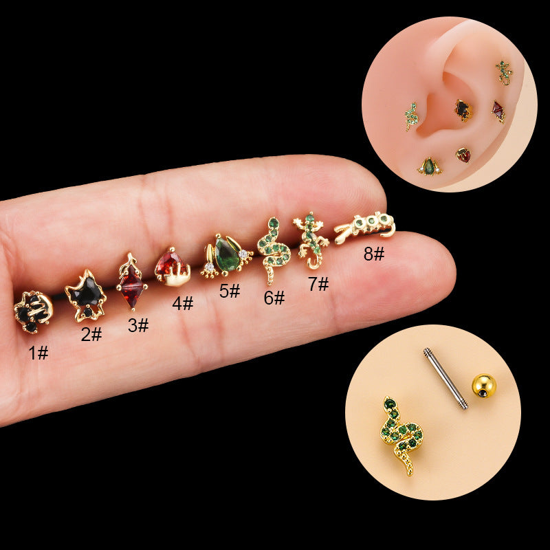 Colorful Zircon Gecko Snake-shaped Mini Animal Ear Bone Stud Piercing Earrings