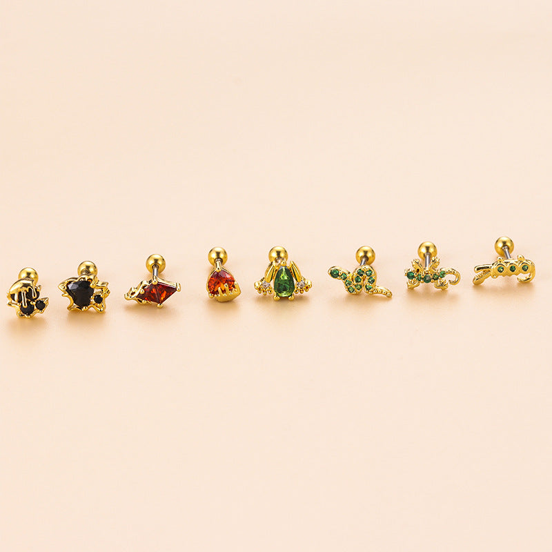 Colorful Zircon Gecko Snake-shaped Mini Animal Ear Bone Stud Piercing Earrings